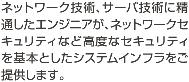 ネットワーク技術、サーバ技術に精通したエンジニアが、ネットワークセキュリティなど高度なセキュリティを基本としたシステムインフラをご提供します。